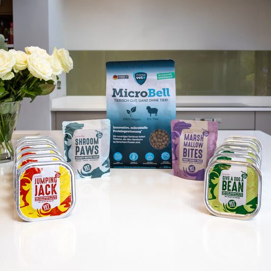 Happy Gut Happy Mutt Package with Microbell, Give A Dog A bean, Jumping Juck and prebiotic dog treats and white roses