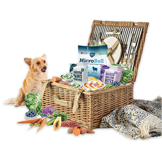 Dog food basket with delicious gut friendly vegan dog products and a dog sitting next to it and licking his lips