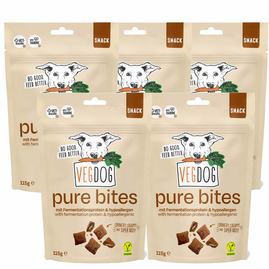 5 packs of Pure Bites dog treats from vegDog with fermentation protein and taurine