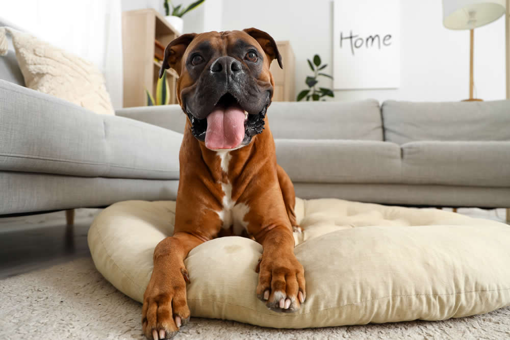 Boxer dog at home on cushion plant-based