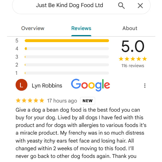 Google review saying how delicious Give A Dog A bean is