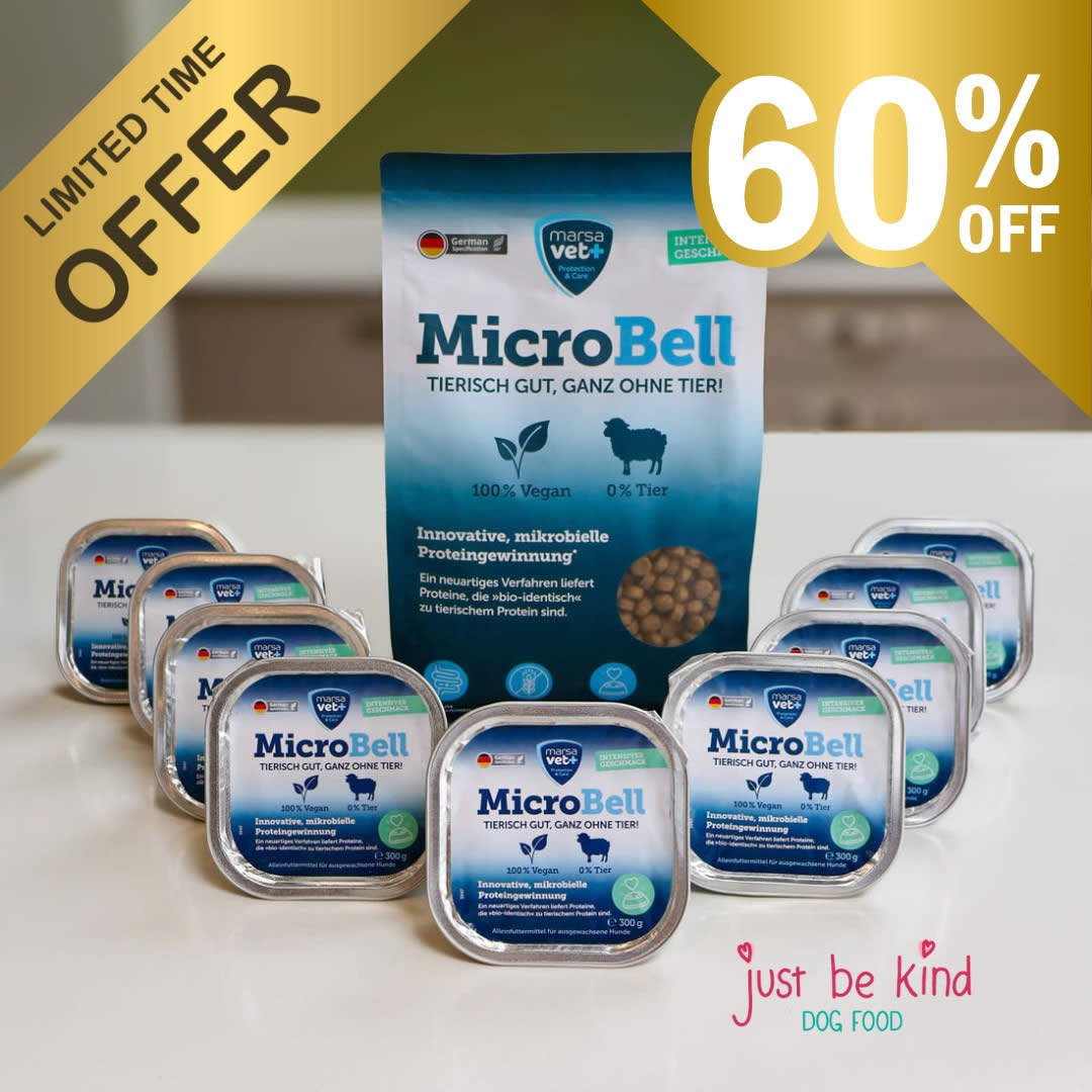 MicroBell dog food packaging set featuring a large blue bag and several silver trays of wet dog food arranged on a white surface, with promotional text overlays including 'LIMITED TIME OFFER' and '60% OFF'.