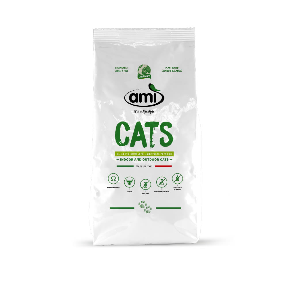 A white bag of Ami Cats natural wet cat food, featuring green and black text on a clean white background.