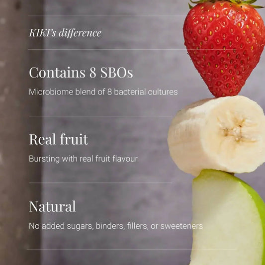 Fruit skewer with strawberry, banana, and apple on a gray background with text about KIKI's product features.