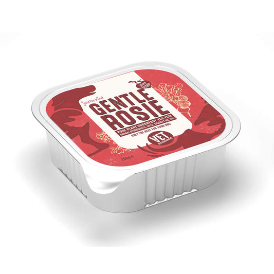 Container of Gentle Rosie sensitive dog wet food on a white background