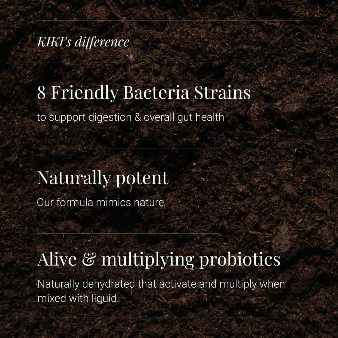 Text on a dark brown textured background about KIKI's probiotic product with friendly bacteria strains.