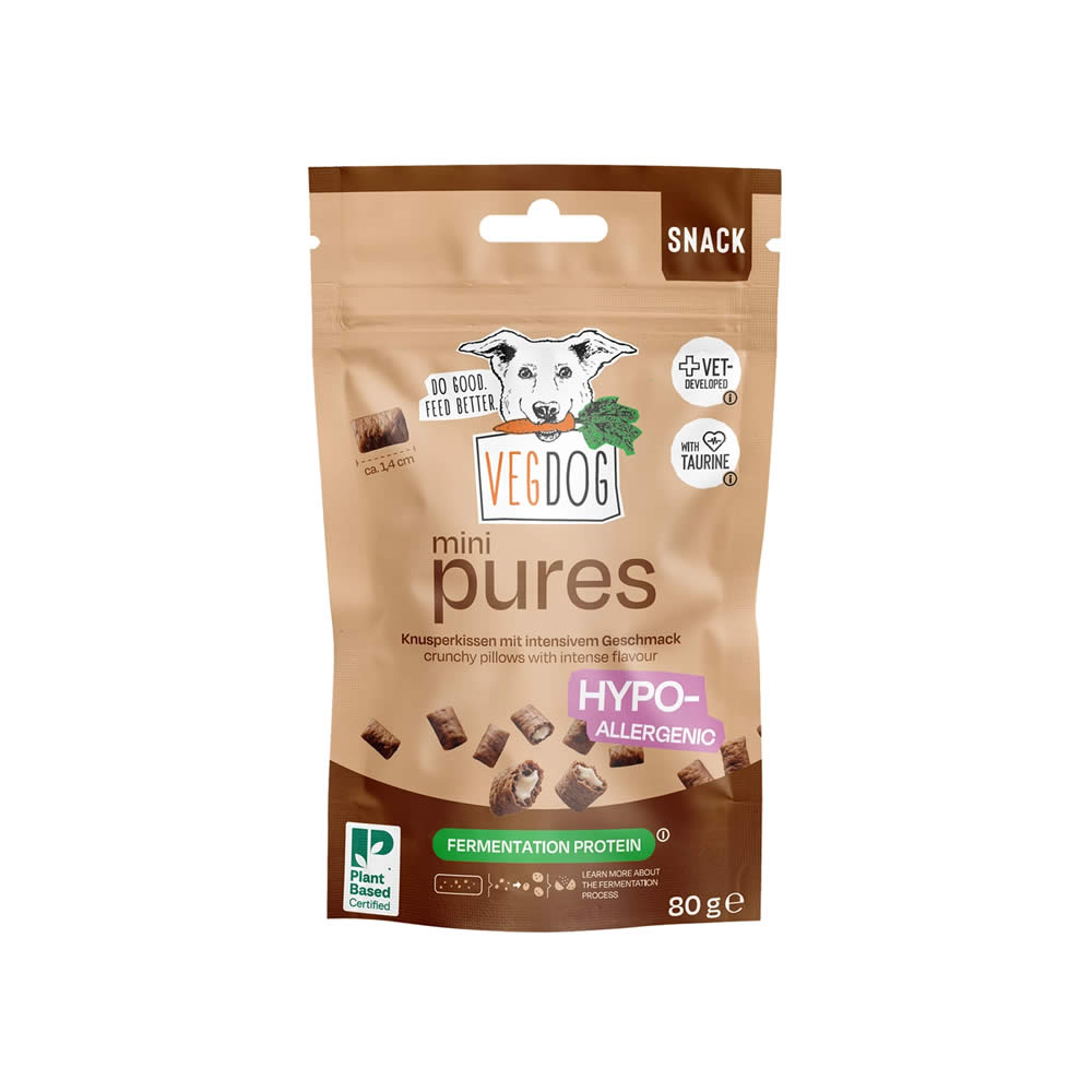 Vegdog mini pures hypo-allergenic protein dog treats snack in a 80g resealable stand-up pouch