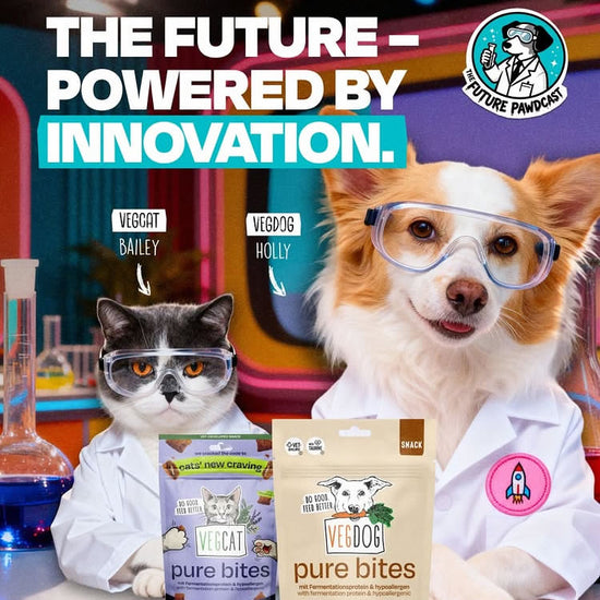 Dog and cat in lab coats with 'VegCat' and 'VegDog' products, promoting innovation