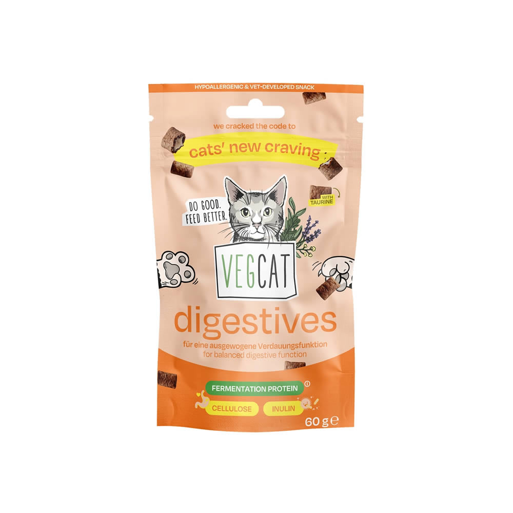 Vegcat Digestives cat food pouch, 60g, featuring a peach and orange design